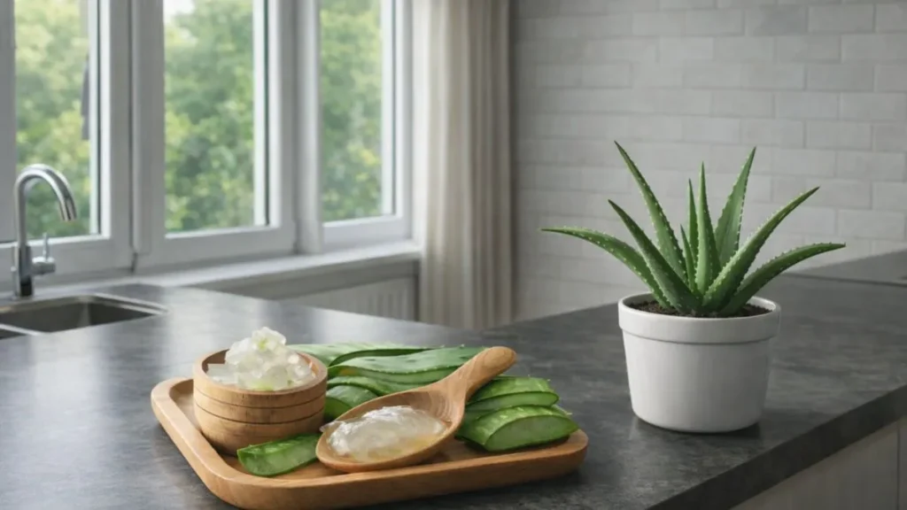 Babosa: O Segredo Natural Que Está Transformando O Corpo Por Dentro E Por Fora 1 Folhas De Babosa Cortadas Com Gel Transparente Em Colher E Recipiente De Madeira Sobre Balcão De Cozinha Elegante, Com Vaso De Aloe Vera Ao Lado Próximo À Janela.