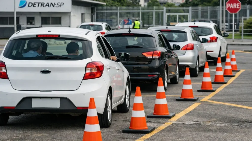Fila De Carros Participa De Prova Prática De Direção Em São Paulo, Com Cones Organizados Para Simular A Manobra De Baliza Durante O Exame