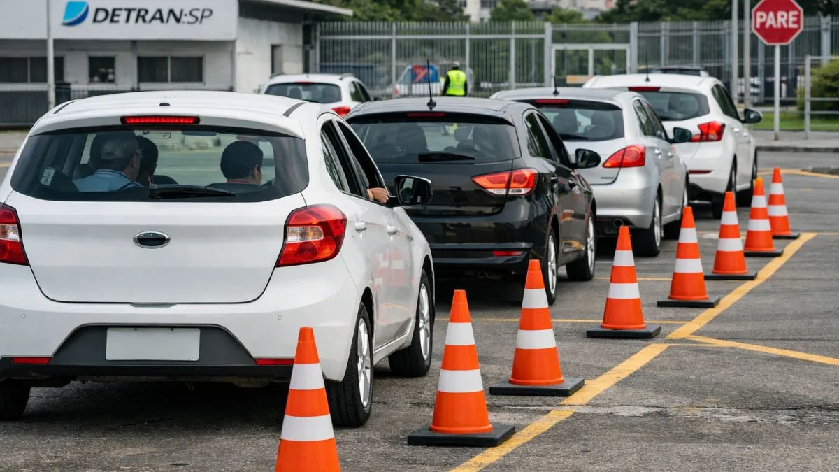 Fila de carros participa de prova prática de direção em São Paulo, com cones organizados para simular a manobra de baliza durante o exame
