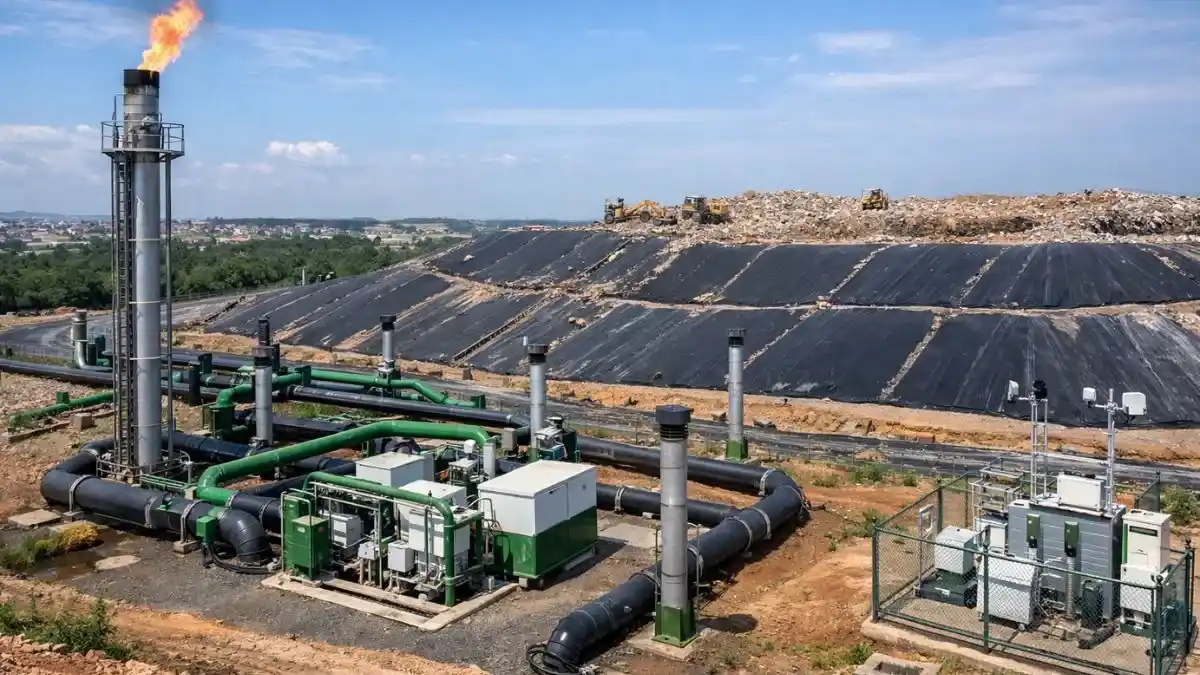 Sistema de captação de biogás em aterro sanitário moderno com tubulações industriais e queima controlada de metano sob céu aberto.