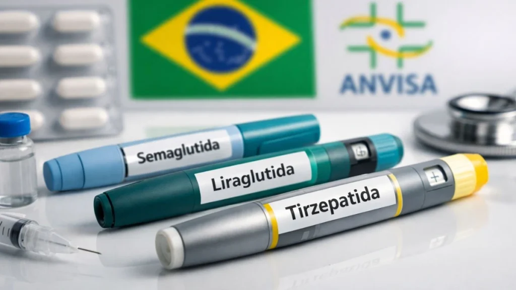 Canetas Injetáveis De Semaglutida, Liraglutida E Tirzepatida Dispostas Lado A Lado Sobre Superfície Branca, Com Bandeira Do Brasil E Símbolo Da Anvisa Ao Fundo