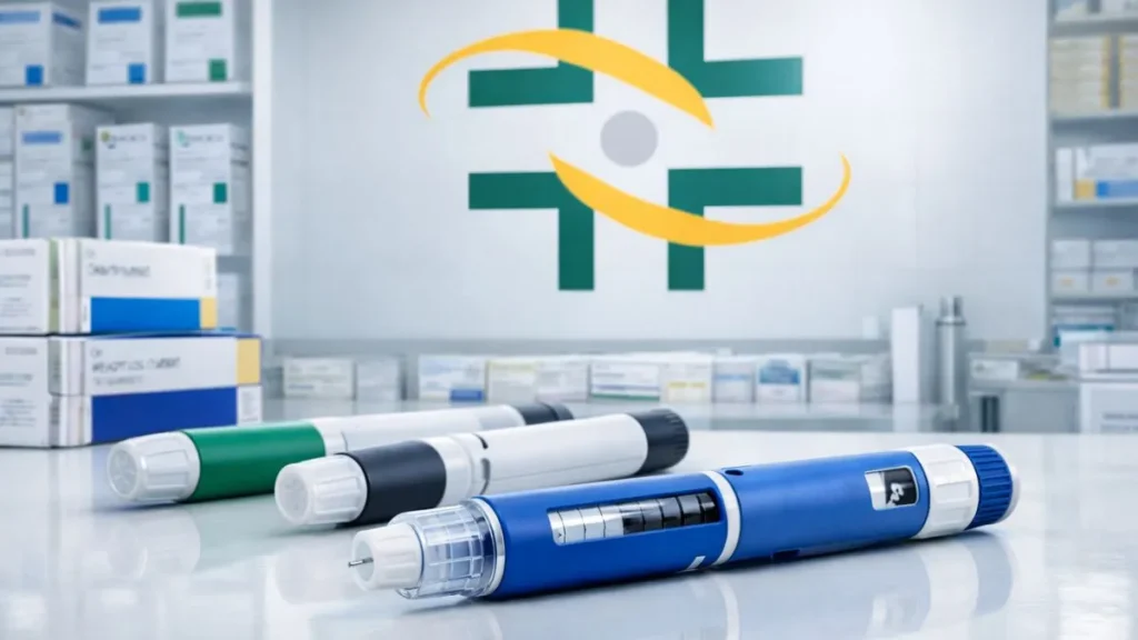 Rês Canetas Injetáveis Para Tratamento De Obesidade Alinhadas Em Primeiro Plano, Totalmente Nítidas, Com O Logotipo Oficial Da Anvisa Ao Fundo Em Alta Definição.