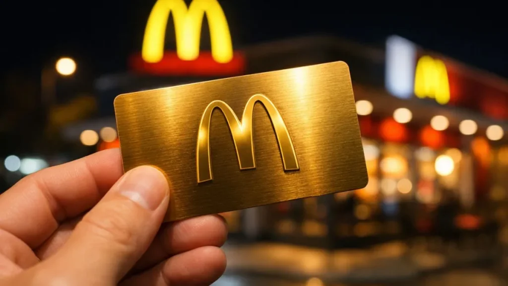 Cartão Dourado Do Mcdonald’s Sendo Segurado Em Primeiro Plano, Com O Logotipo Dourado Em Destaque E Um Restaurante Da Rede Iluminado Ao Fundo Durante A Noite.