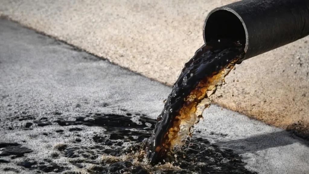 Você Pode Nunca Ter Ouvido Falar, Mas Esse Líquido Do Lixo Pode Atingir A Água Que Você Bebe 4 Fluxo De Chorume Escuro Saindo De Tubo Industrial Durante Processo De Tratamento Em Aterro Sanitário, Mostrando Controle E Manejo Do Líquido Contaminante.