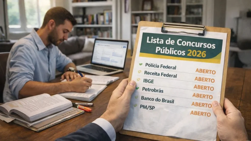 Homem Estudando Para Concursos Públicos Em Mesa Com Livros Abertos, Notebook E Prancheta Mostrando Lista De Concursos Abertos Em 2026 Em Ambiente Doméstico Iluminado.