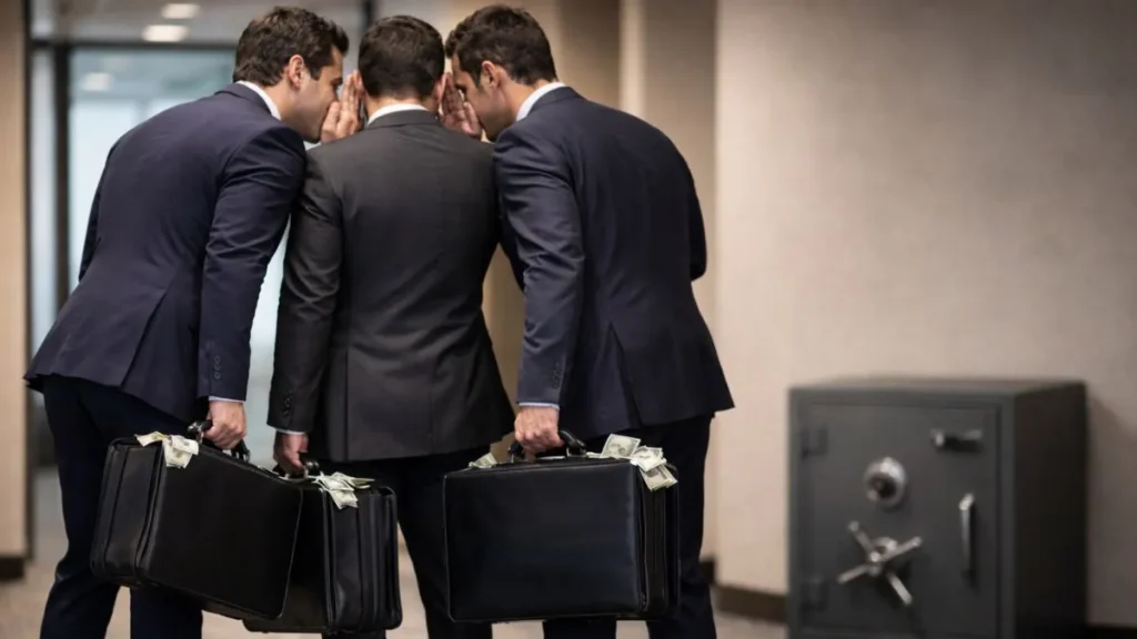 A Maior Fraude Nas Licitações De Caieiras De Todos Os Tempos 1 Homens De Terno Conversam Em Tom Reservado Em Corredor Corporativo, Segurando Pastas, Com Um Cofre Desfocado Ao Fundo, Em Imagem Simbólica Sobre Bastidores De Decisões Financeiras