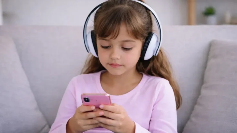 Menina Parda Usando Fones De Ouvido E Segurando Um Celular Com As Duas Mãos Enquanto Estuda Ouvindo Áudios Educativos