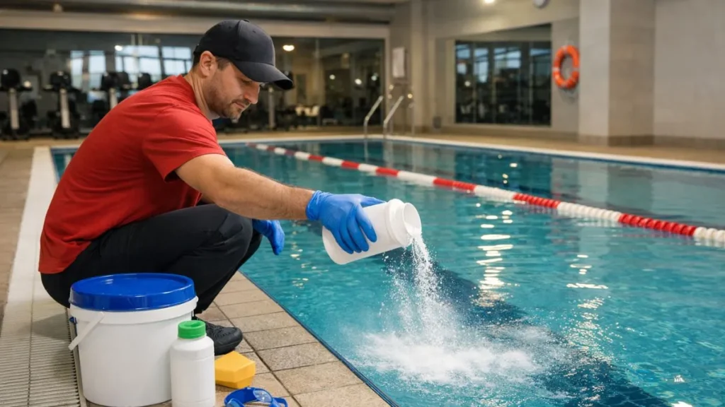 Homem Aplica Produto Químico Em Piscina Coberta De Academia, Sem Equipamentos Técnicos Profissionais, Durante Manutenção Manual Da Água