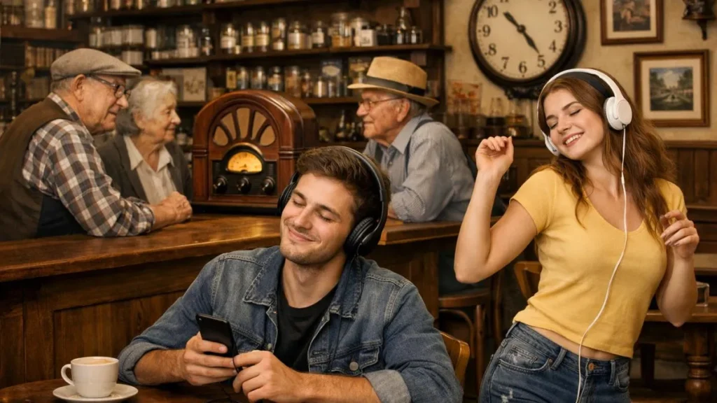 Jovens Ouvem Música Com Fones De Ouvido Enquanto Idosos Escutam Rádio Antigo Em Empório Tradicional, Mostrando A Evolução Das Formas De Consumo Musical Entre Gerações