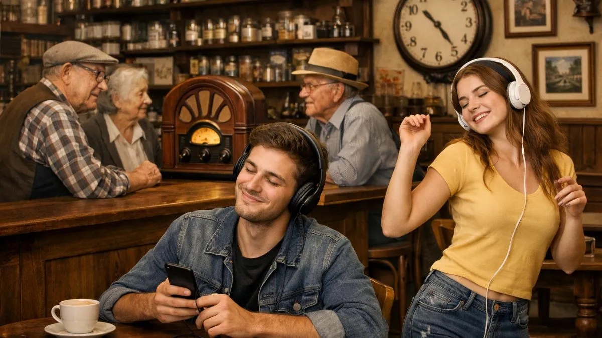 Jovens ouvem música com fones de ouvido enquanto idosos escutam rádio antigo em empório tradicional, mostrando a evolução das formas de consumo musical entre gerações
