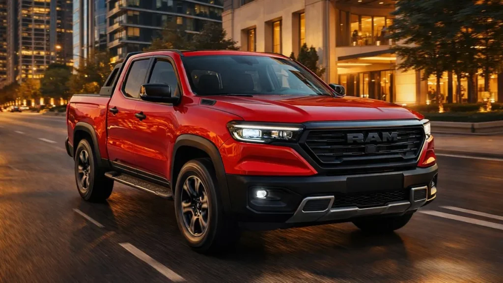 Nova Ram Dakota 2026 Vermelha Em Movimento Em Avenida Urbana Premium Com Prédios Modernos Ao Fundo E Iluminação Dourada Destacando O Design Frontal