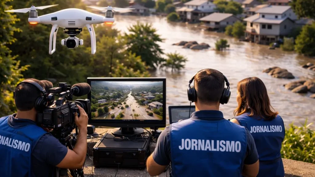 Equipe De Jornalismo Utiliza Drone Para Registrar Imagens Aéreas De Área Atingida Por Enchente Durante Cobertura Jornalística