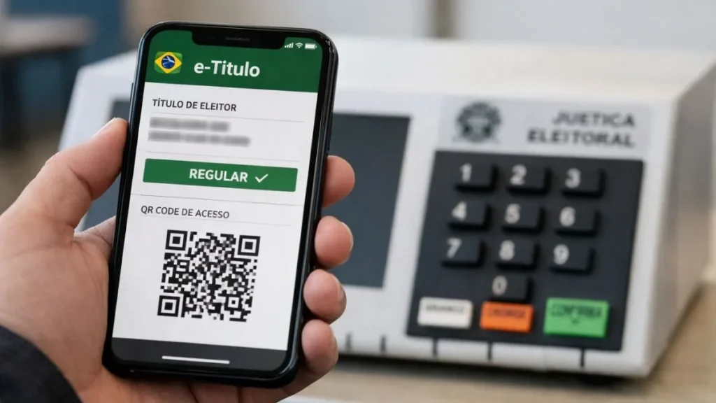 Celular Com Aplicativo E-Título Aberto Em Primeiro Plano E Urna Eletrônica Brasileira Ao Fundo Em Seção De Votação