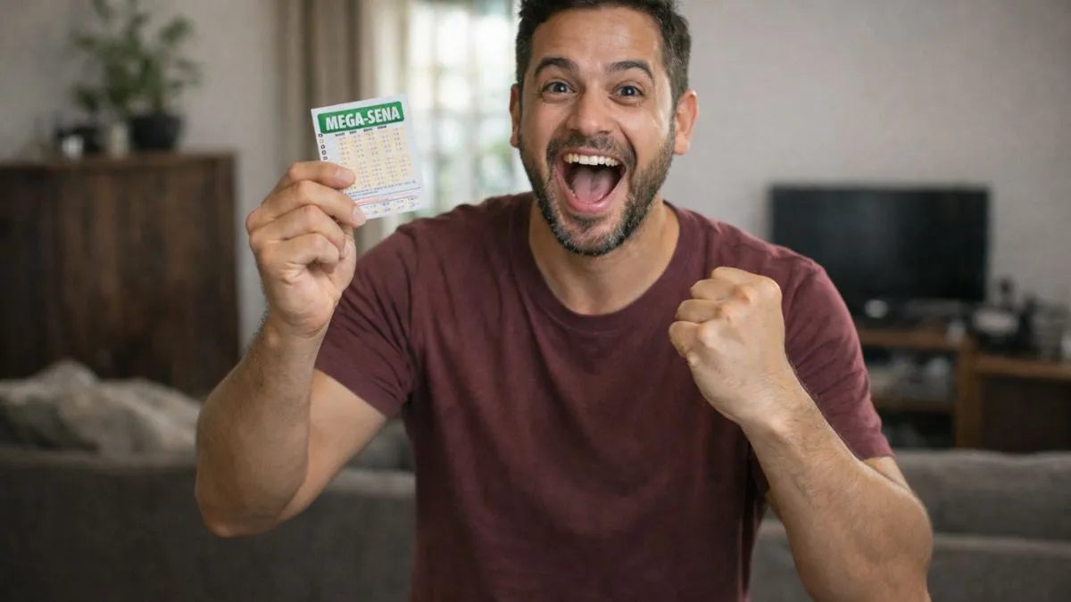 Homem Brasileiro Comemorando Enquanto Segura Um Bilhete Da Mega-Sena Dentro De Casa, Com Expressão De Surpresa E Felicidade Após Conferir O Resultado Da Loteria.