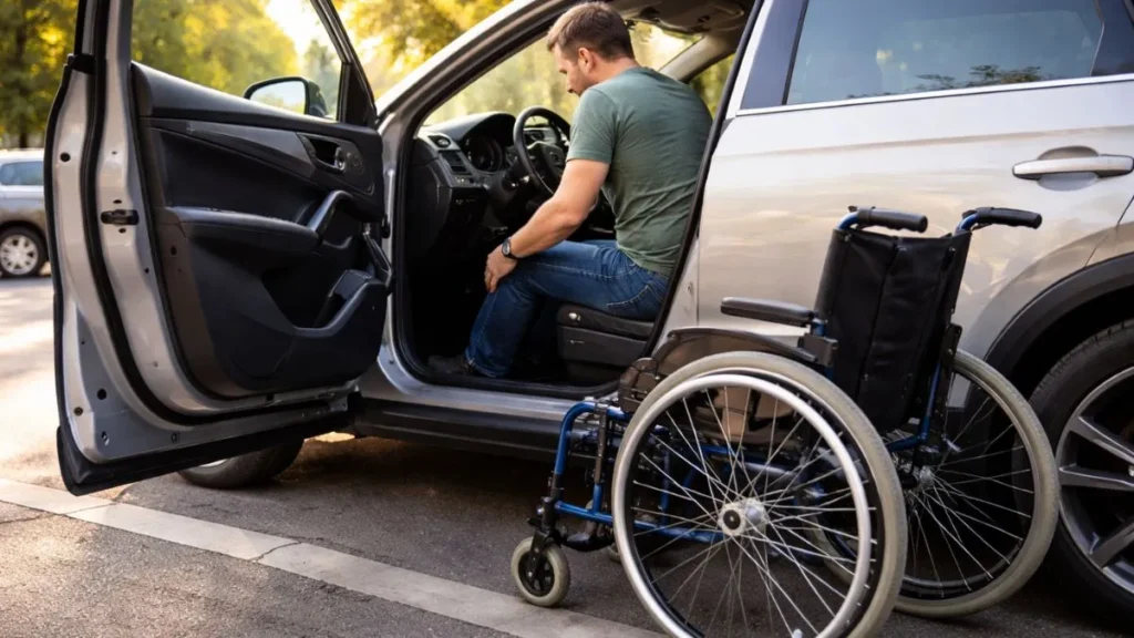 Pessoa Com Deficiência Transferindo-Se Da Cadeira De Rodas Para Carro Adaptado Garantindo Mobilidade E Autonomia