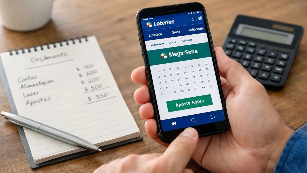 Pessoa usando celular para apostar em loteria pelo site oficial, com caderno de orçamento e calculadora sobre a mesa