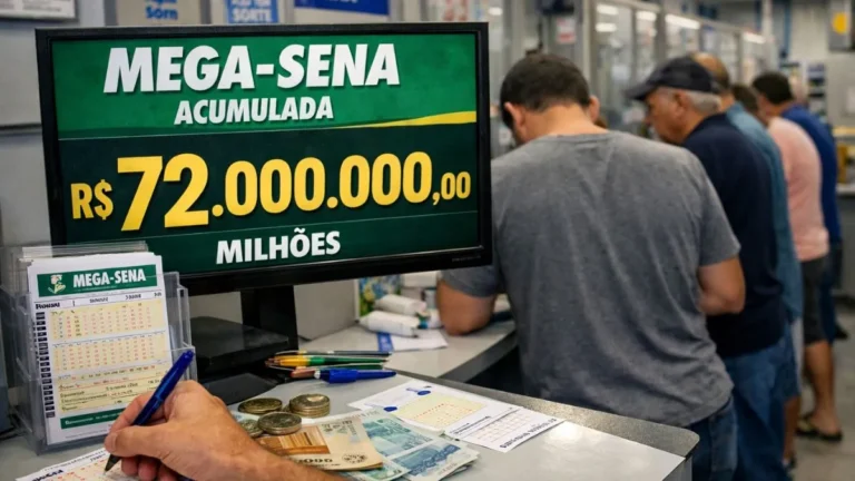 Painel Da Mega-Sena Acumulada Em R$ 72 Milhões Dentro De Uma Lotérica, Com Pessoa Preenchendo Volante E Fila De Apostadores Ao Fundo.