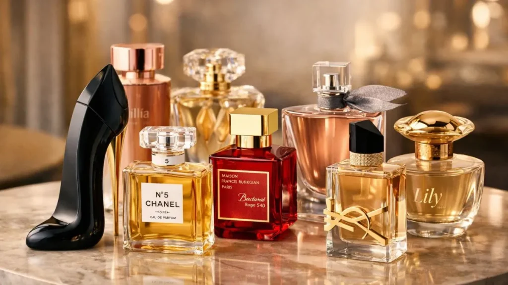 Coleção De Perfumes Femininos Nacionais E Importados Sobre Mesa De Mármore, Com Frascos Elegantes E Iluminação Quente Em Estilo Editorial Sofisticado