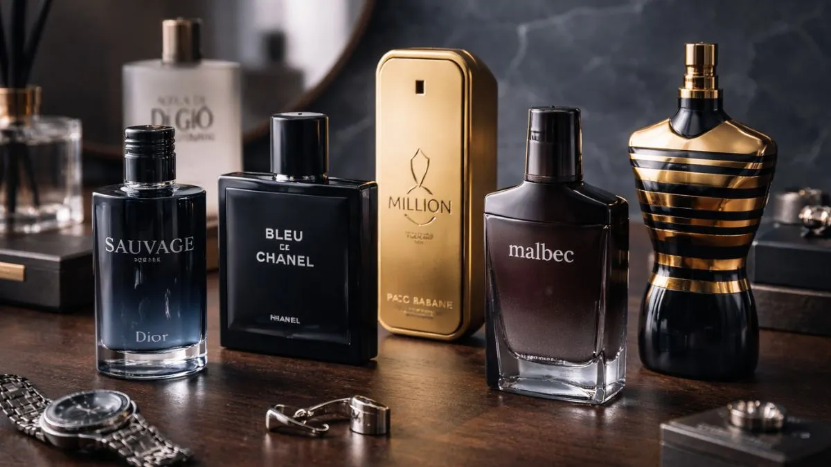 Perfumes Masculinos Nacionais E Importados Sobre Mesa De Madeira Escura, Com Frascos Sofisticados E Iluminação Elegante Em Estilo Editorial Premium.