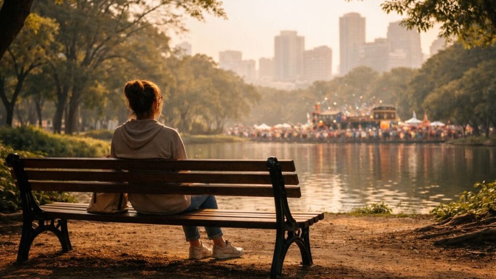 Mulher Sentada Em Banco De Parque Observando Bloco De Carnaval Ao Longe, Representando O Contraste Entre Silêncio E Festa Durante O Período Carnavalesco