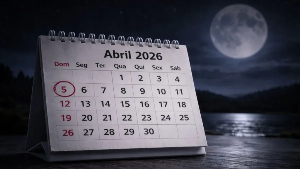 Calendário De Abril De 2026 Com O Dia 5 Destacado Em Vermelho, Indicando A Data Da Páscoa, Com Lua Cheia Ao Fundo Em Cenário Noturno