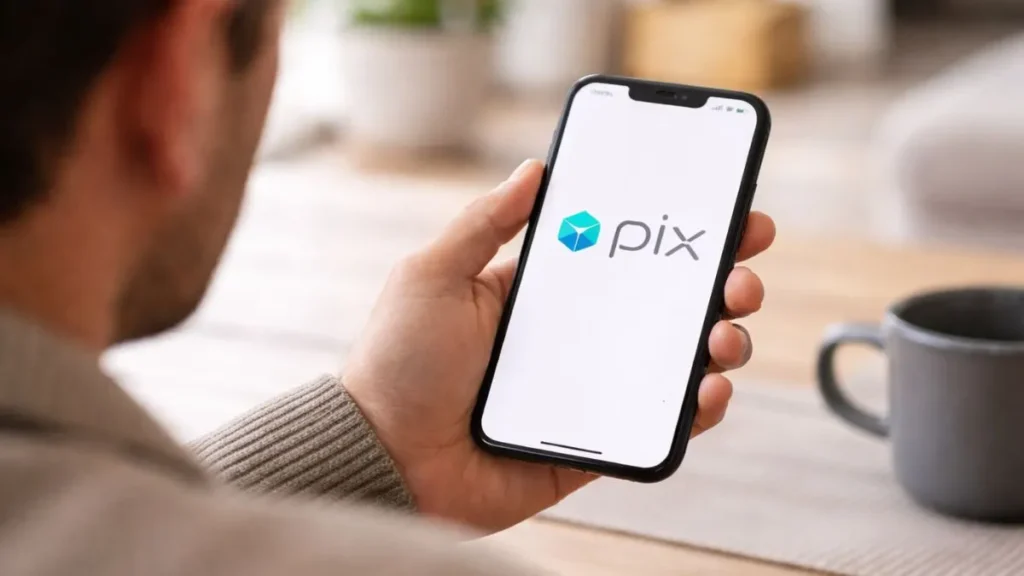 Pessoa Vista De Costas Segurando Celular Com Logotipo Do Pix Exibido Na Tela Em Ambiente Doméstico Desfocado