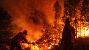 Dois Bombeiros Combatem Incêndio Florestal Tentando Conter As Chamas Com Ferramentas Manuais Em Área De Vegetação Tomada Pelo Fogo