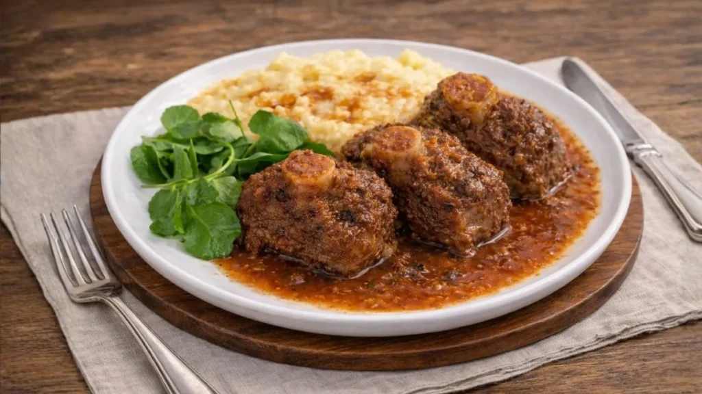 Rabada Suculenta Com Molho Encorpado Servida Com Polenta Cremosa E Agrião Fresco Em Prato Branco Sobre Mesa Rústica