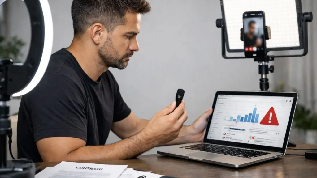Criador De Conteúdo Grava Vídeo Com Microfone Sem Fio Enquanto Analisa Contrato No Notebook Após Entrada Em Vigor Da Lei 15.325/2026.