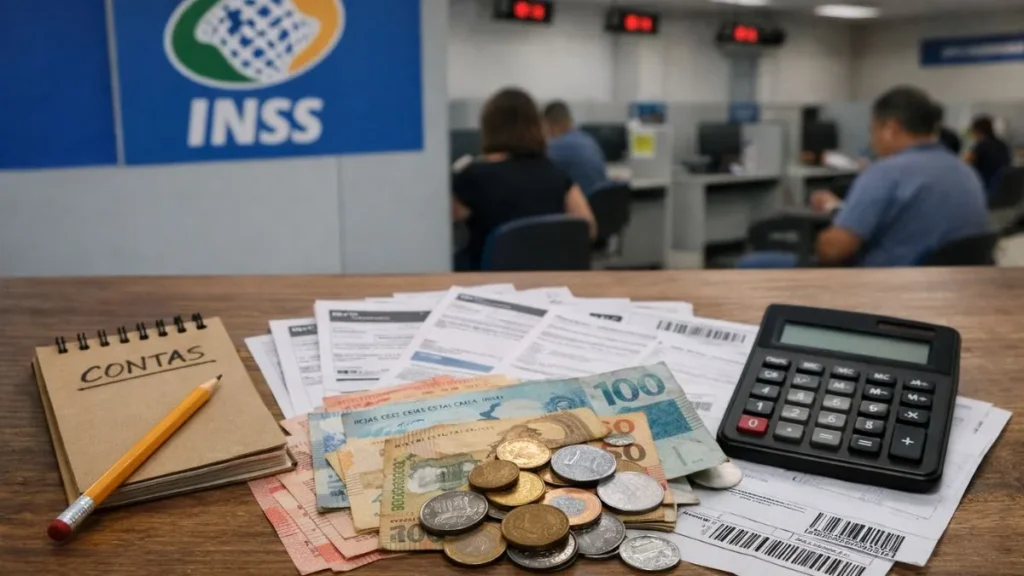 Mesa Com Cédulas E Moedas De Real Brasileiro, Boletos De Contas, Calculadora E Bloco De Anotações Em Ambiente De Atendimento Do Inss