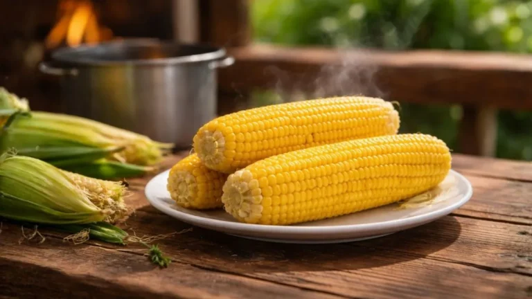 Espigas De Milho Cozidas Sobre Prato Simples Em Mesa De Madeira, Em Ambiente De Cozinha Com Luz Natural.