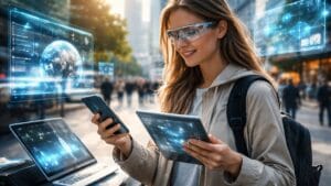 Pessoa Utilizando Smartphone E Tablet Enquanto Interage Com Interfaces Digitais Holográficas Em Ambiente Urbano Moderno, Representando Avanço Da Tecnologia E Transformação Digital No Cotidiano