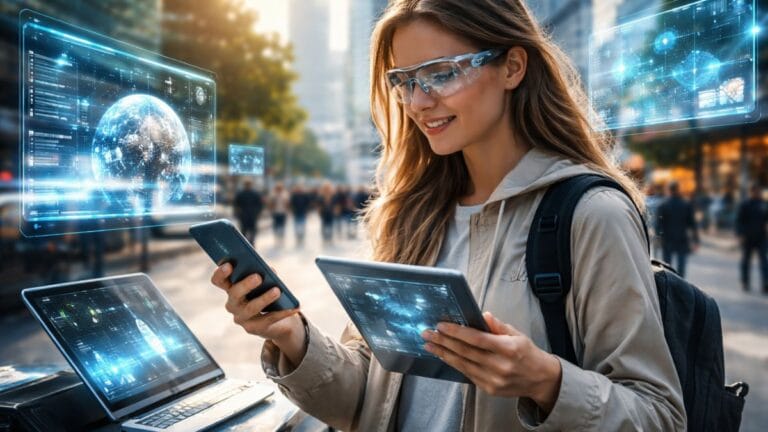 Pessoa Utilizando Smartphone E Tablet Enquanto Interage Com Interfaces Digitais Holográficas Em Ambiente Urbano Moderno, Representando Avanço Da Tecnologia E Transformação Digital No Cotidiano