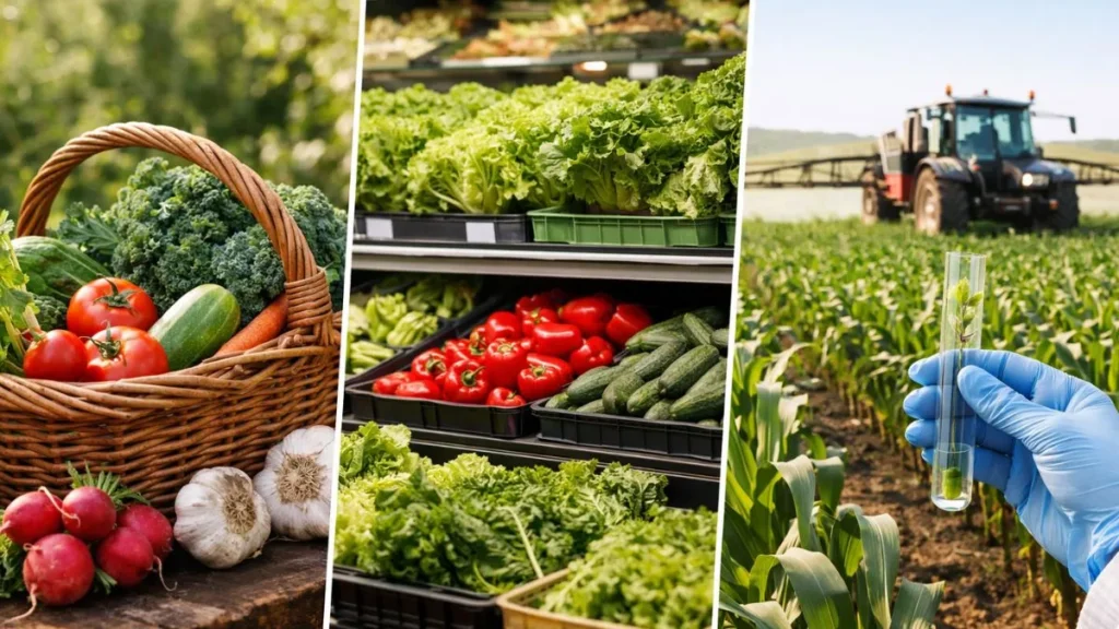 Comparação Visual Entre Alimentos Orgânicos Em Cesta De Feira, Hortaliças Em Supermercado E Plantação Agrícola Moderna Com Análise Laboratorial Em Campo.