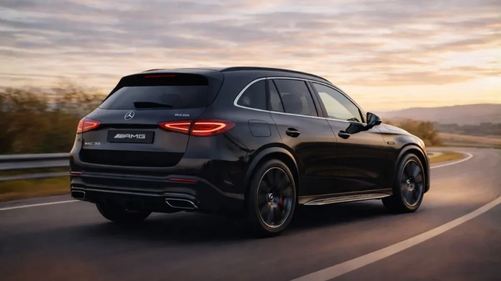 Mercedes-Benz Glc 300 Amg Line 2025 Em Movimento, Visto Em Ângulo Traseiro Lateral, Com Lanternas Led Acesas E Rodas Esportivas, Destacando Proporção E Design Do Suv Premium.