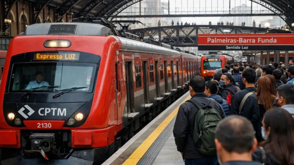 Trem Vermelho Da Cptm Parado Em Plataforma Movimentada Na Estação Da Luz, Com Passageiros Aguardando Embarque Em São Paulo.