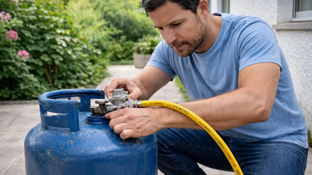 Botijão De Gás: Cuidados Essenciais Para Evitar Vazamentos, Explosões E Acidentes Dentro De Casa 1 Homem Realizando A Troca De Botijão De Gás Doméstico Em Área Externa Residencial Ventilada, Conectando Mangueira Amarela Certificada E Regulador De Pressão Ao Recipiente