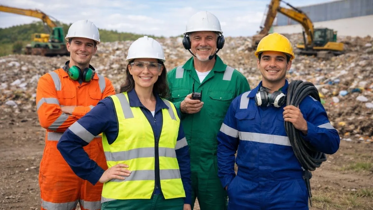 Trabalhadores uniformizados em área operacional de aterro sanitário em Caieiras durante atividade ligada ao gerenciamento de resíduos.