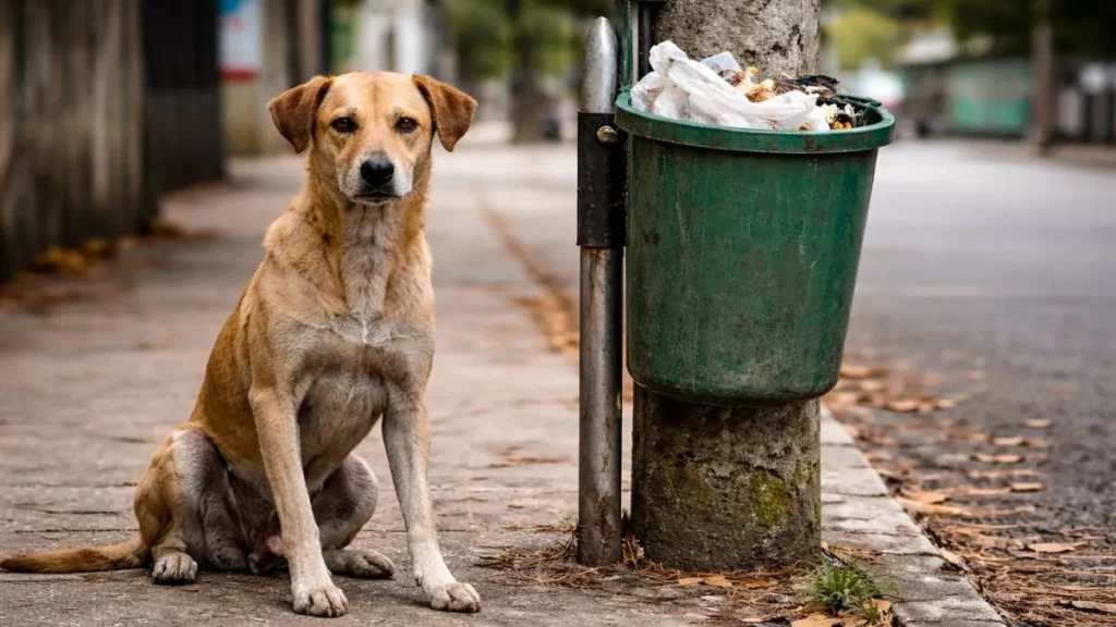 Cão Vira-Lata Magro E Maltratado Sentado Na Calçada Ao Lado De Um Poste Com Lata De Lixo Em Rua Urbana