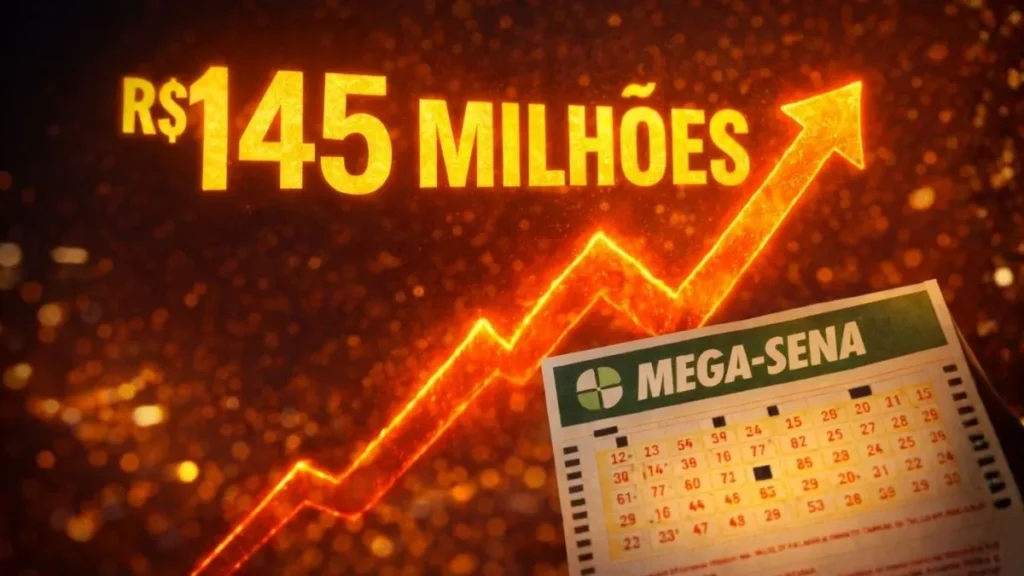 Imagem Promocional Da Mega-Sena Com Destaque Para Prêmio Acumulado De R$ 145 Milhões E Seta De Crescimento Ao Lado De Volante Da Loteria.