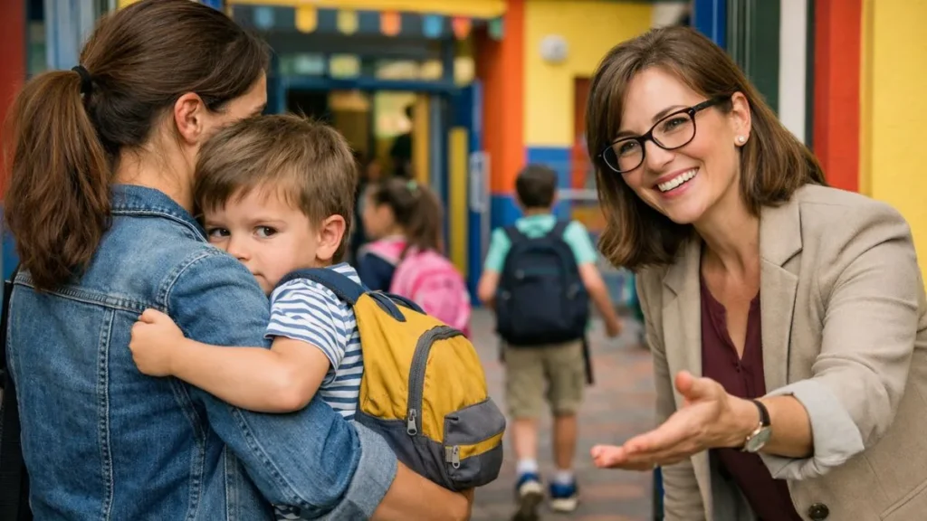 Mãe Segura Filho Pequeno No Primeiro Dia De Aula Enquanto Professora Sorri E Convida A Criança A Entrar Na Escola, Em Ambiente Colorido E Acolhedor
