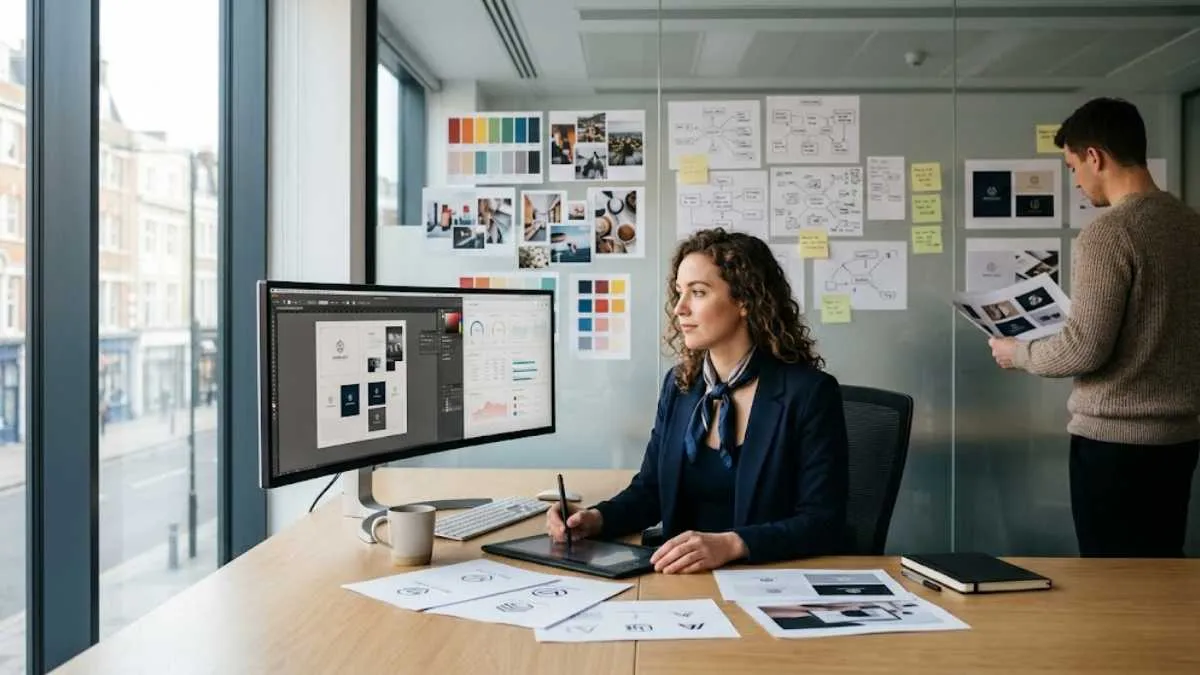 Equipe utiliza ferramentas digitais e IA no ambiente de trabalho criativo, ilustrando como a tecnologia reduz custos e transforma a produção profissional.