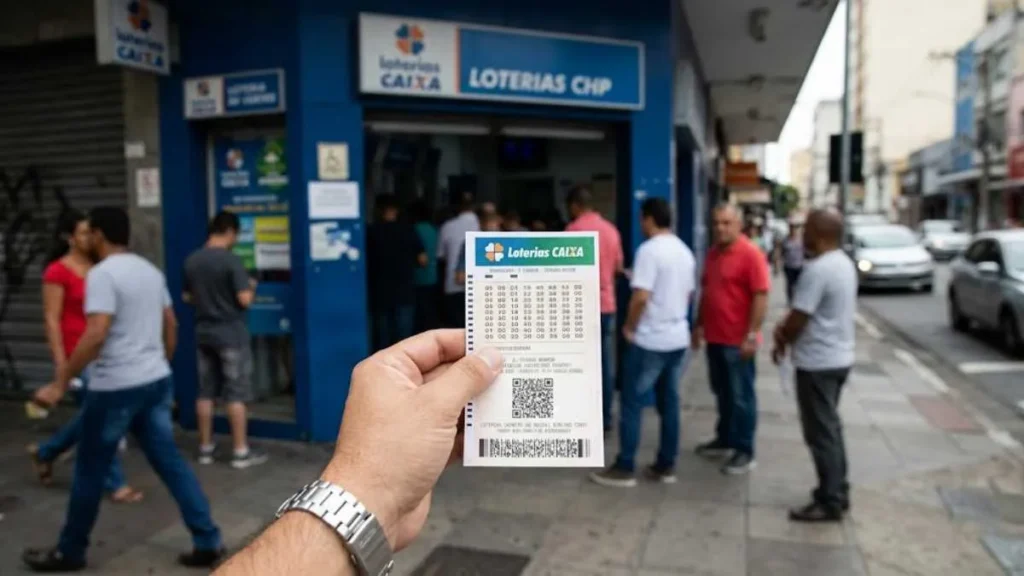 Pessoa Segura Bilhete Da Loterias Caixa Em Frente A Lotérica Com Fila De Pessoas Aguardando Atendimento Na Calçada Urbana Durante O Dia Movimentada Cidade Brasileira