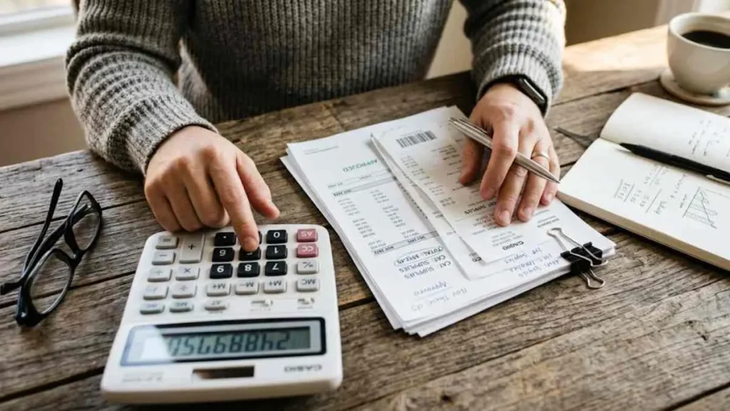 Pessoa Analisando Contas E Despesas Em Casa, Representando Planejamento Financeiro E Controle De Gastos Para Fazer O Salário Durar Até O Fim Do Mês.