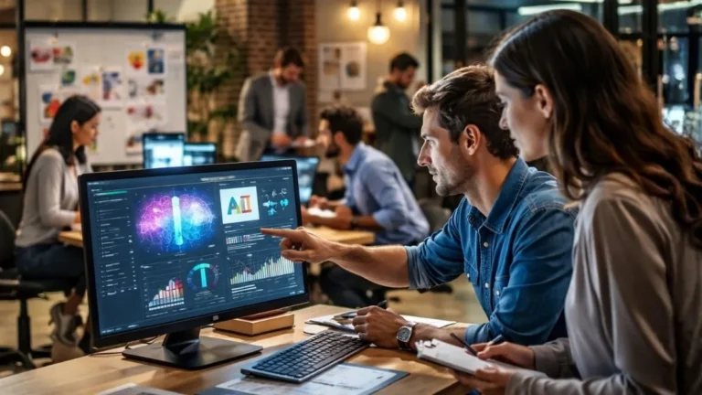 Equipe De Agência De Publicidade Analisa Dados E Campanhas Digitais Em Ambiente Moderno De Trabalho Com Foco Em Inteligência Artificial E Estratégias Criativas.