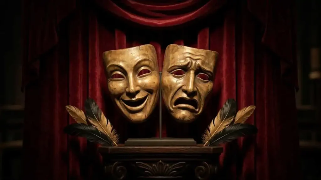 Máscaras Clássicas De Teatro, Comédia E Tragédia, Em Dourado Sobre Pedestal De Madeira Com Cortinas Vermelhas Ao Fundo, Ilustrando A Vitória Cultural.