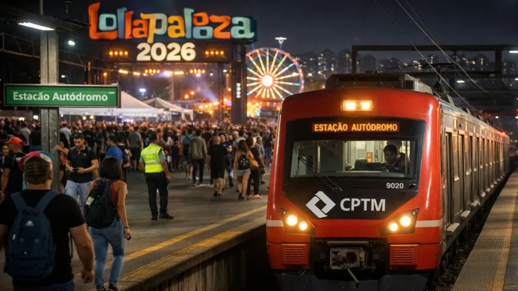 Trem Da Cptm Na Estação Autódromo À Noite Com Grande Movimentação De Pessoas Durante O Lollapalooza 2026 Em São Paulo