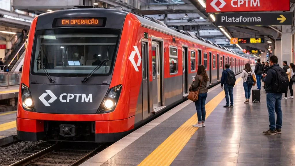 Trem Vermelho Da Cptm Parado Em Estação De São Paulo Com Plataforma Organizada, Poucos Passageiros E Área Frontal Livre Para Circulação Ferroviária.