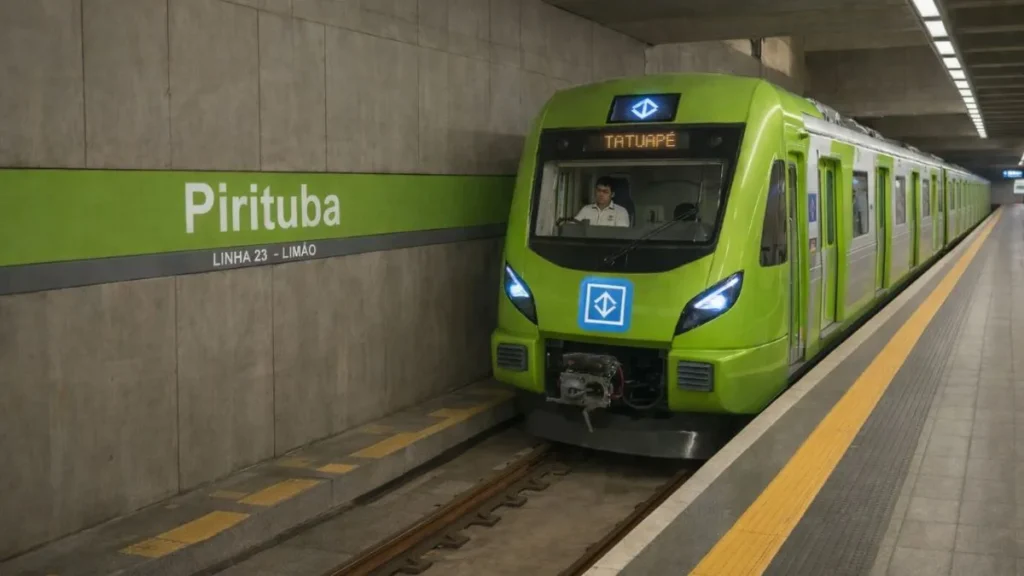 Trem Moderno Verde Da Linha 23-Limão Chegando À Estação Pirituba Com Maquinista Visível Na Cabine E Plataforma Vazia Em São Paulo