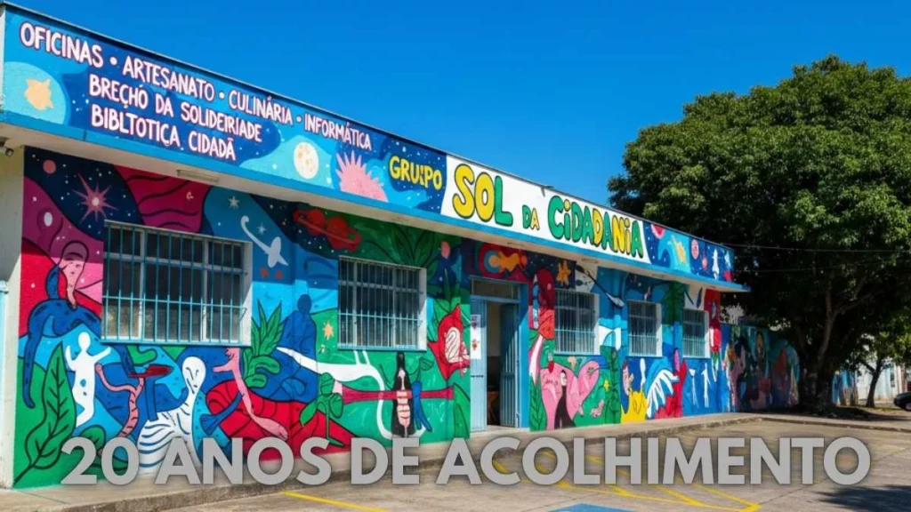 Fachada Colorida Com Grafites Artísticos Da Casa Sol Em Jundiaí, Exibindo A Frase &Quot;20 Anos De Acolhimento&Quot; Sobre O Serviço De Assistência Social Municipal.